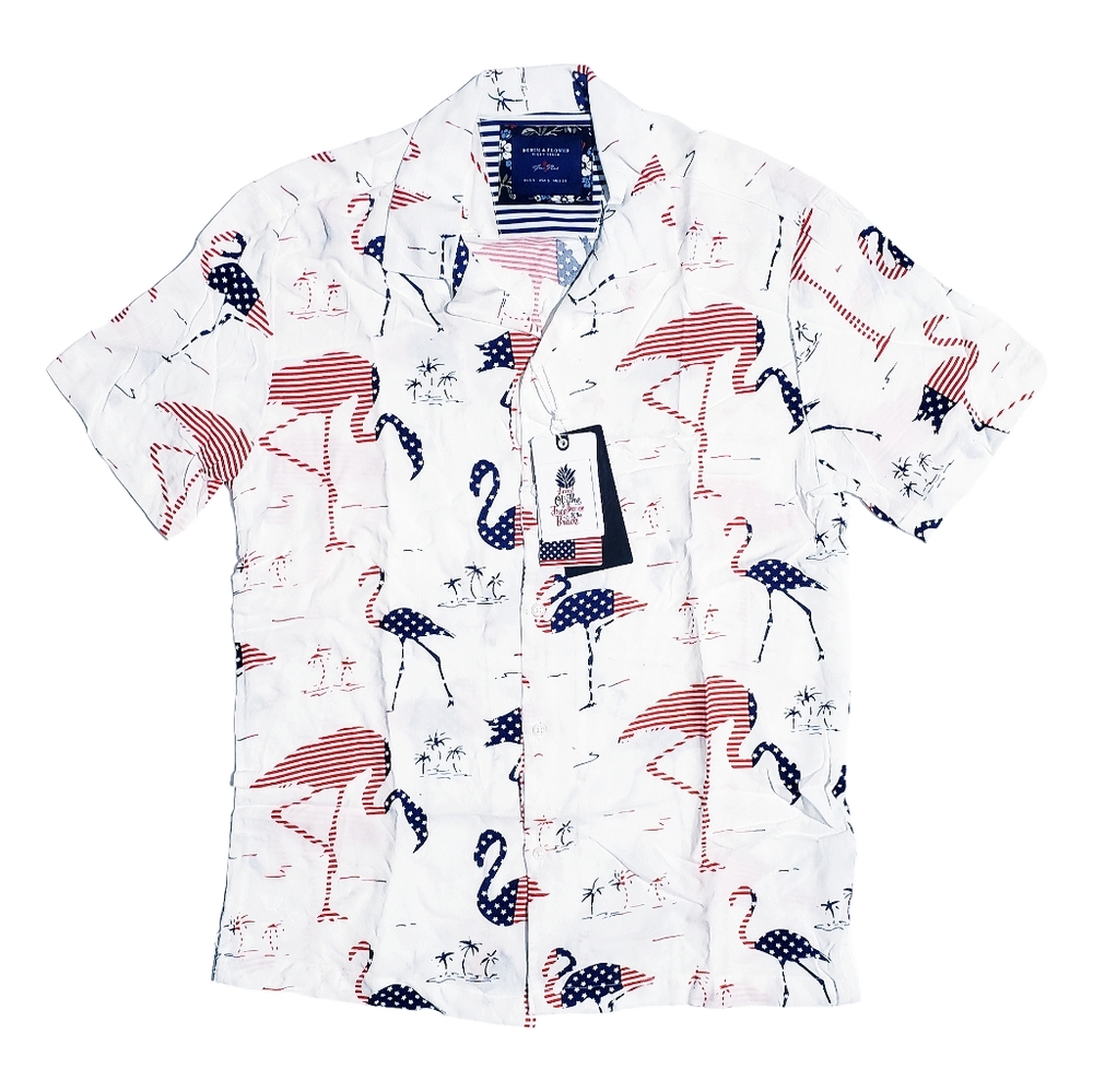 Denim & Flower Ricky Singh Mens Land Of The Free Flamingo Print Shirt Small NWT
